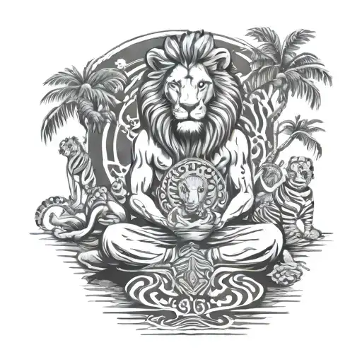 lion in zebra print surrounded by Buddhist monk meditating tattoo design idea