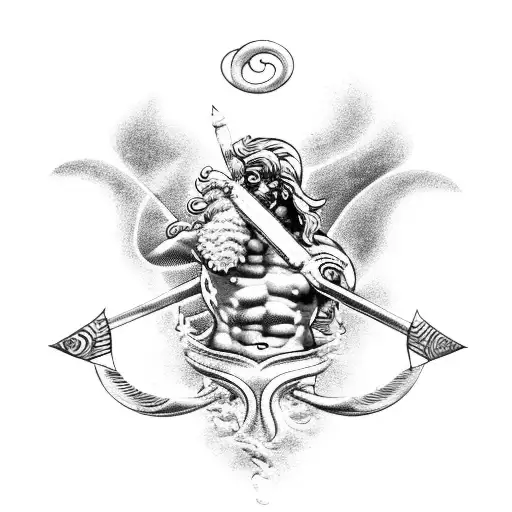 A black-grey tattoo of the Greek god Poseidon holding a trident and surrounded by crashing waves tattoo design idea