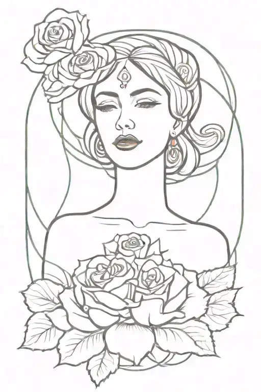generate tattoo design Thin lines not colored minimalistic aries high priestess with a couple of red roses and stardust tattoo design idea