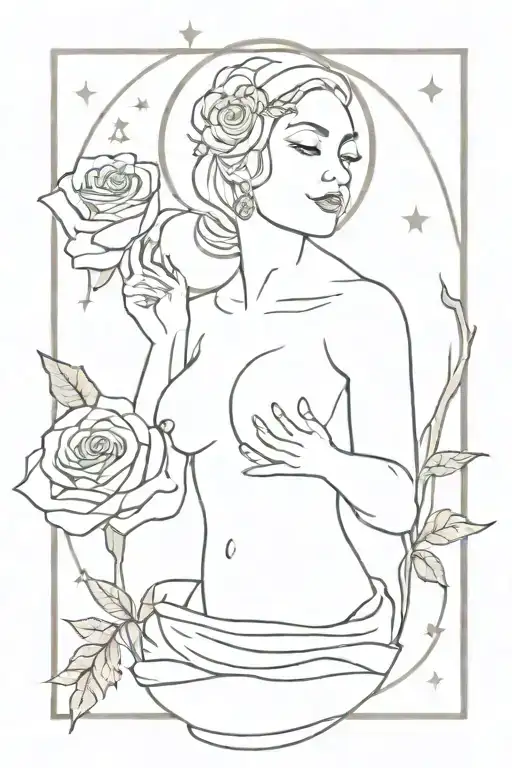  generate tattoo design Thin lines not colored minimalistic aries high priestess with a couple of red roses and stardust tattoo design idea