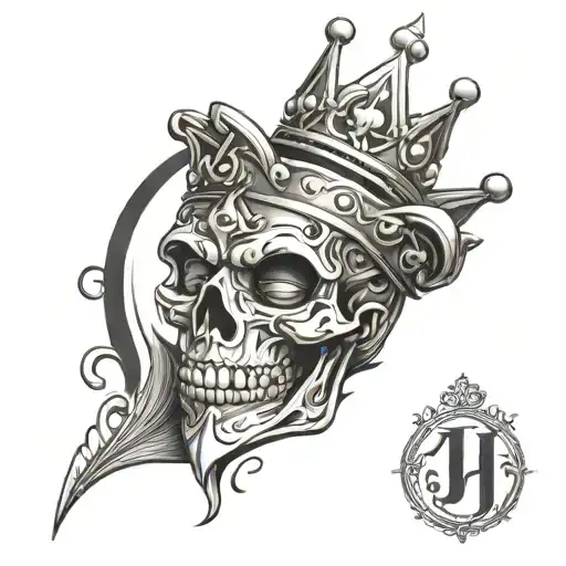 create a black ink tatoo of the word "UJKU", but within the letter "J" sits a jester, there is a king's crown atop the l tattoo design idea