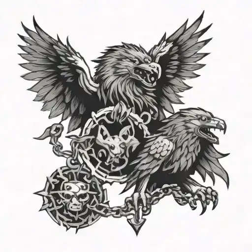 two-headed eagle freeing angry wolf of its chains tattoo design idea