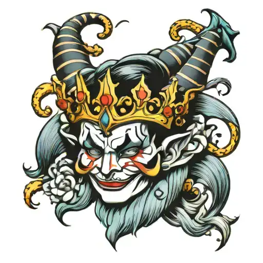jester wearing king's crown tattoo design idea
