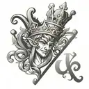 create a black ink tatoo of the word "UJKU", but within the letter "J" sits a jester, there is a king's crown atop the l tattoo design idea