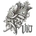 create a black ink tatoo of the word "UJKU", but within the letter "J" sits a jester, there is a king's crown atop the l tattoo design idea