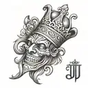 create a black ink tatoo of the word "UJKU", but within the letter "J" sits a jester, there is a king's crown atop the l tattoo design idea