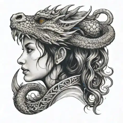 dragon and girl side profile traditional lady head tattoo design idea