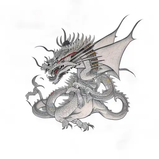 Japanese warrior with dragons in background tattoo design idea