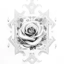 A dotwork tattoo featuring the bible chapter Philippians 4:13 on an open book with delicate rose motifs tattoo design idea