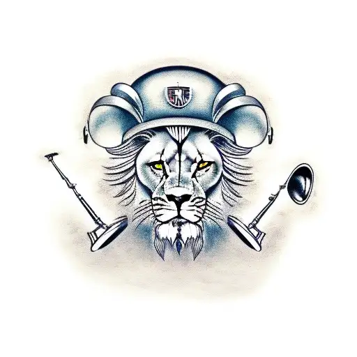 A fierce lion wearing a military helmet and holding a trumpet, symbolizing the client's love for music and their army occupation. tattoo design idea