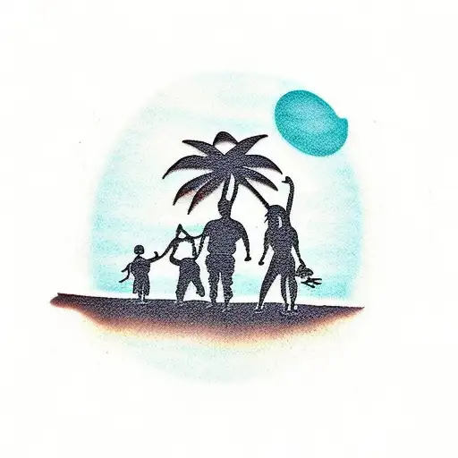 family silhouette with palm trees and beach tattoo design idea