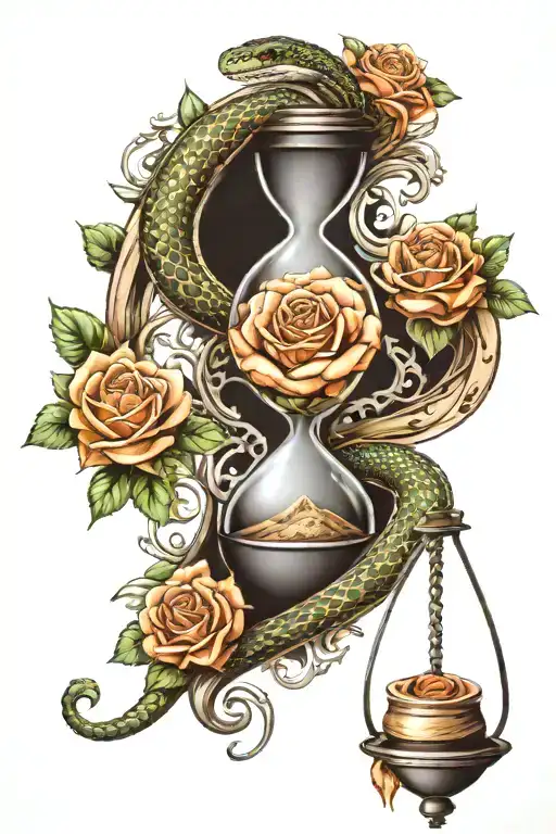 snake and hourglass and rose among them tattoo design idea