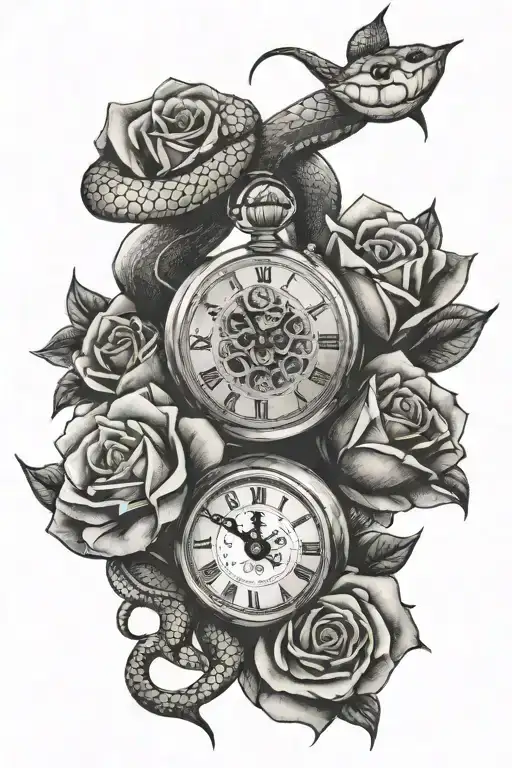 Snake, clock and rose tattoo design idea