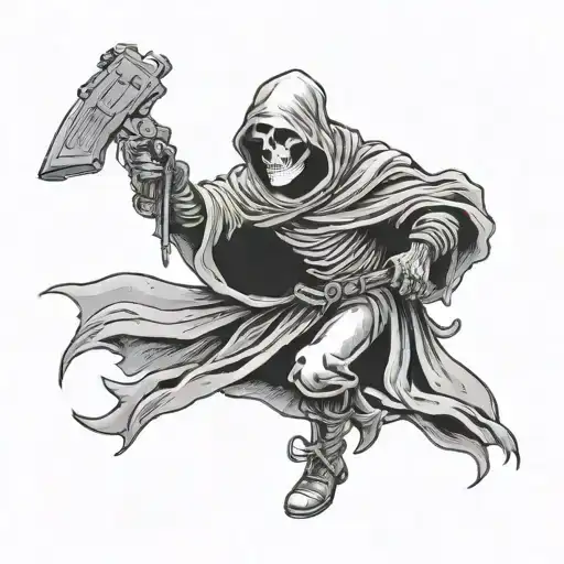 A dark and haunting tattoo of a grim reaper playing sports with a gun in hand, representing the inevitability of death in life tattoo design idea
