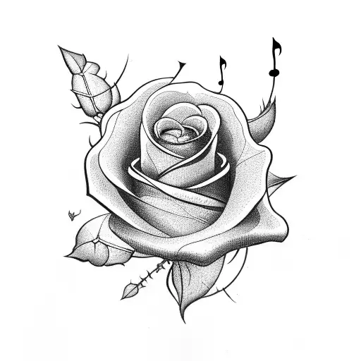 black rose with stem and thorns with music notes tattoo design idea