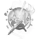 Design a tattoo of a hustler silhouette surrounded by musical instruments and tattoo machines to showcase your entrepreneurial spirit and passion for music and tattooing tattoo design idea