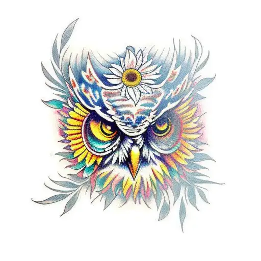 Owl, paisley flowers, sunflowers for eyes tattoo design idea