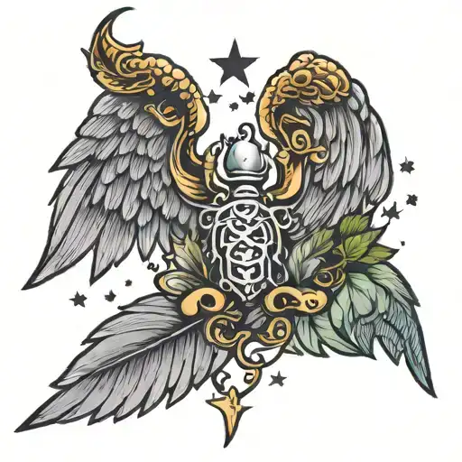 angel wings with five stars and a scorpion with tree tattoo design idea