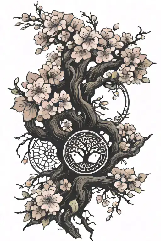 cherry blossom and tree of life intertwined tattoo design idea