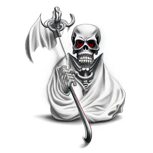 a grim reaper with his arm raised, revealing a slot machine with triple 7's but instead of 7's have it be a scythe tattoo design idea