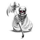 a grim reaper with his arm raised, revealing a slot machine with triple 7's but instead of 7's have it be a scythe tattoo design idea