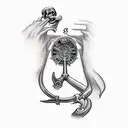 a grim reaper with his arm raised, revealing a slot machine with triple 7's but instead of 7's have it be a scythe tattoo design idea