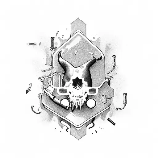 A nihilistic quote written in a flowing script, surrounded by beer bottles and musical notes tattoo design idea