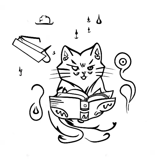 A ghostly cat reading a book while sipping tea, with a hauntingly beautiful countryside in the background tattoo design idea