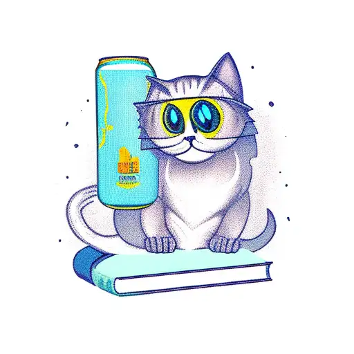 A ghostly cat perched on a stack of books, with a pint of beer beside it tattoo design idea