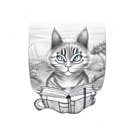 A ghostly cat reading a book while sipping tea, with a hauntingly beautiful countryside in the background tattoo design idea