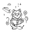 A ghostly cat reading a book while sipping tea, with a hauntingly beautiful countryside in the background tattoo design idea