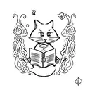 A ghostly cat reading a book while sipping tea, with a hauntingly beautiful countryside in the background tattoo design idea