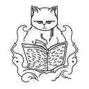 A ghostly cat reading a book while sipping tea, with a hauntingly beautiful countryside in the background tattoo design idea