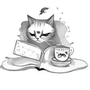 A ghostly cat reading a book while sipping tea, with a hauntingly beautiful countryside in the background tattoo design idea