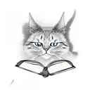 A ghostly cat reading a book while sipping tea, with a hauntingly beautiful countryside in the background tattoo design idea