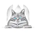 A ghostly cat reading a book while sipping tea, with a hauntingly beautiful countryside in the background tattoo design idea