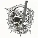 Center a michael amott guitar flyng V, on the left Arch Enemy Logo and rich a skull, background is a crack tattoo design idea