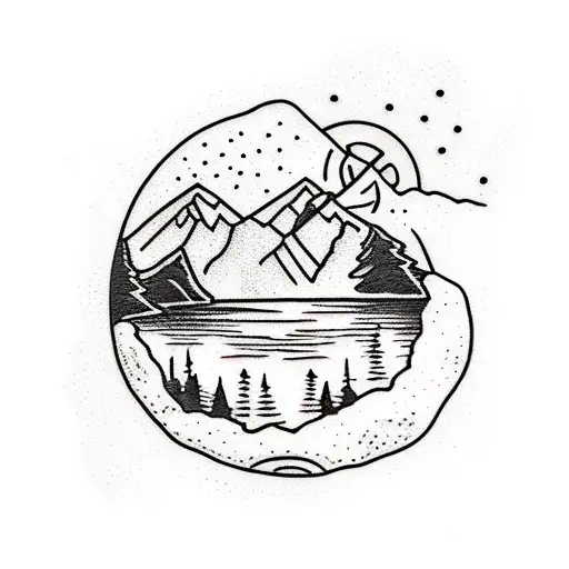 Mountain Scene with a lake and disc golf basket tattoo design idea