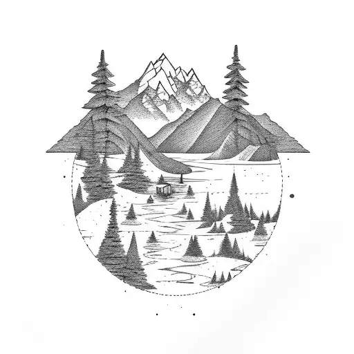 Mountain Scene with a lake and disc golf basket tattoo design idea