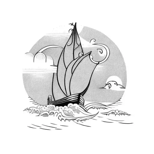 A majestic viking longship sailing on a river, symbolizing the client's love for both viking culture and their favorite place to be. tattoo design idea