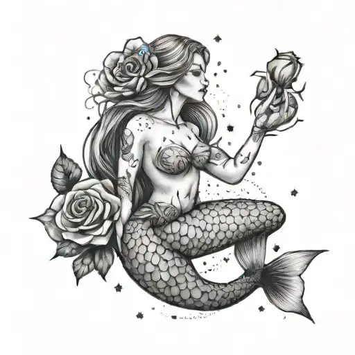 A mermaid holding a rose while gazing at a Pisces constellation in the night sky tattoo design idea