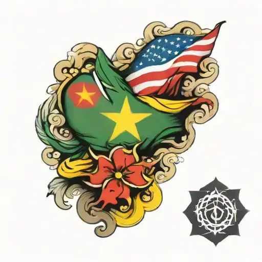 combination of a Chinese flag mixed with a Jamaican flag and both cultures in a sleeve tattoo design idea