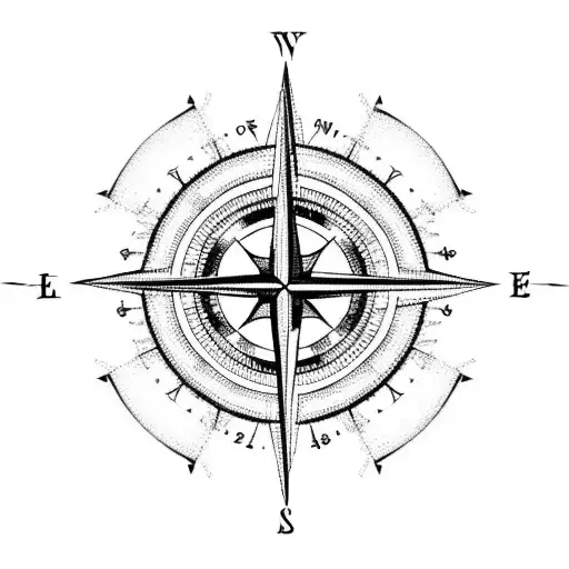 A blackwork design featuring a compass with arrows pointing towards the birth dates of your family members tattoo design idea
