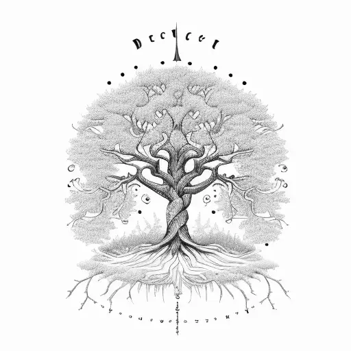 An intricate tree design with branches representing each family member's birth date tattoo design idea