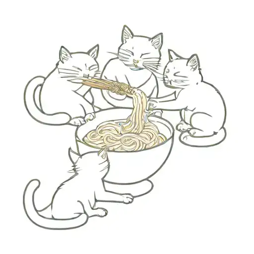 3 cats eating noodles. One is at the middle and the other 2 left and right tattoo design idea