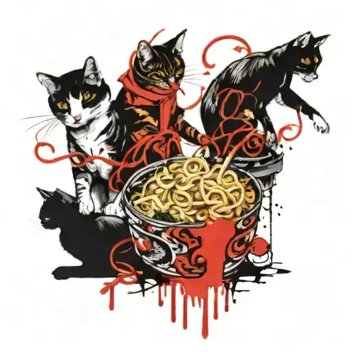3 cats eating noodles. One is at the middle and the other 2 left and right tattoo design idea