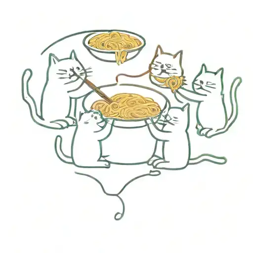 3 cats eating noodles. One is at the middle and the other 2 left and right tattoo design idea