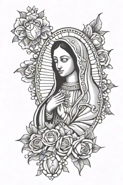 virgin of guadalupe, rosary wrapped tattoo design idea