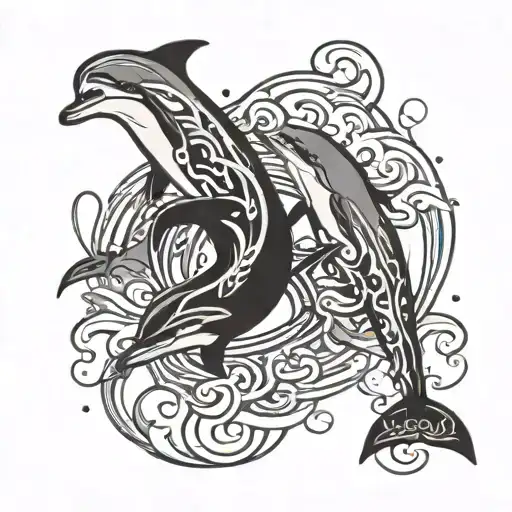 dolphins, yin and yang, splash water, text logo mariana, tex logo luciano, black and white tattoo design idea