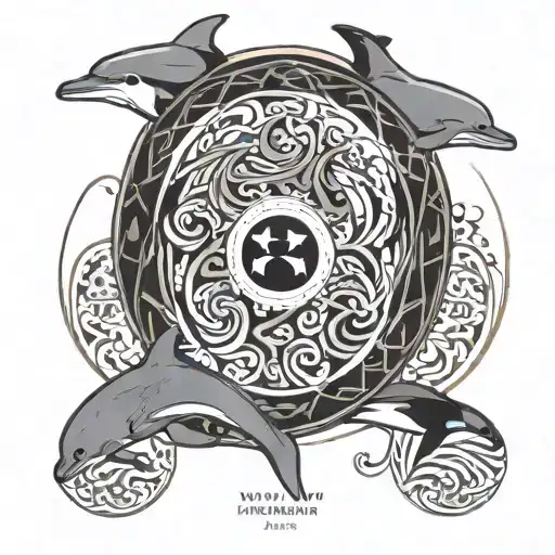 dolphins, yin and yang, splash water, text logo mariana, tex logo luciano, black and white tattoo design idea